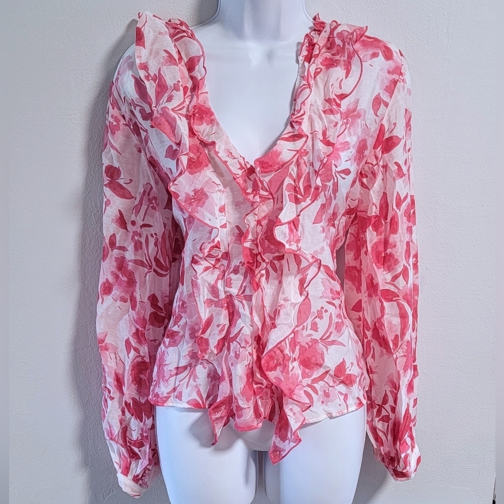 S Zara Ruffle Semi Sheer Fairy Floral Beach Tropical Resort Pullover Pink V-neck